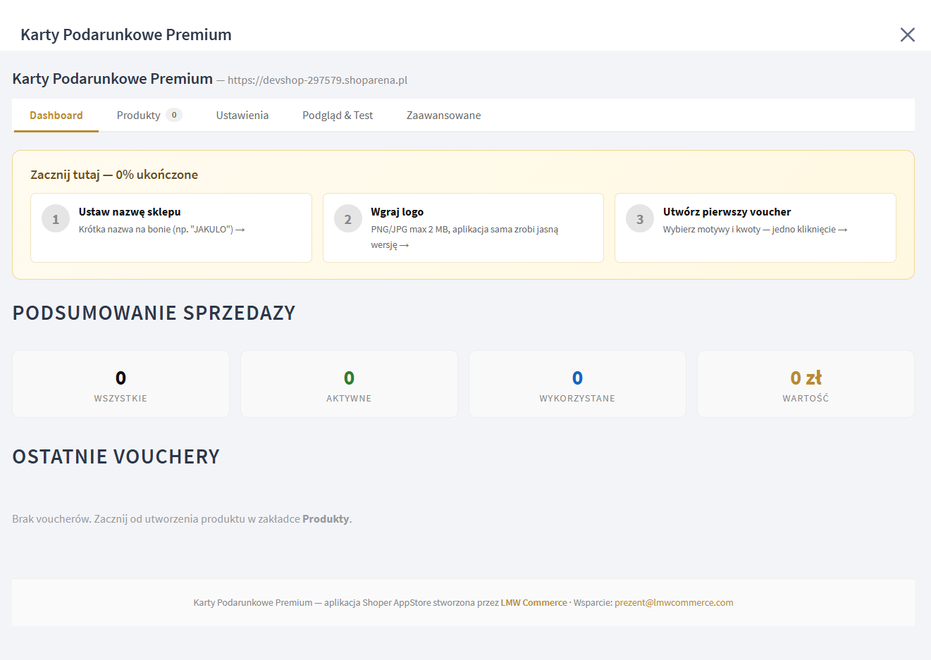 Dashboard Karty Podarunkowe Premium — licznik voucherów i wartości