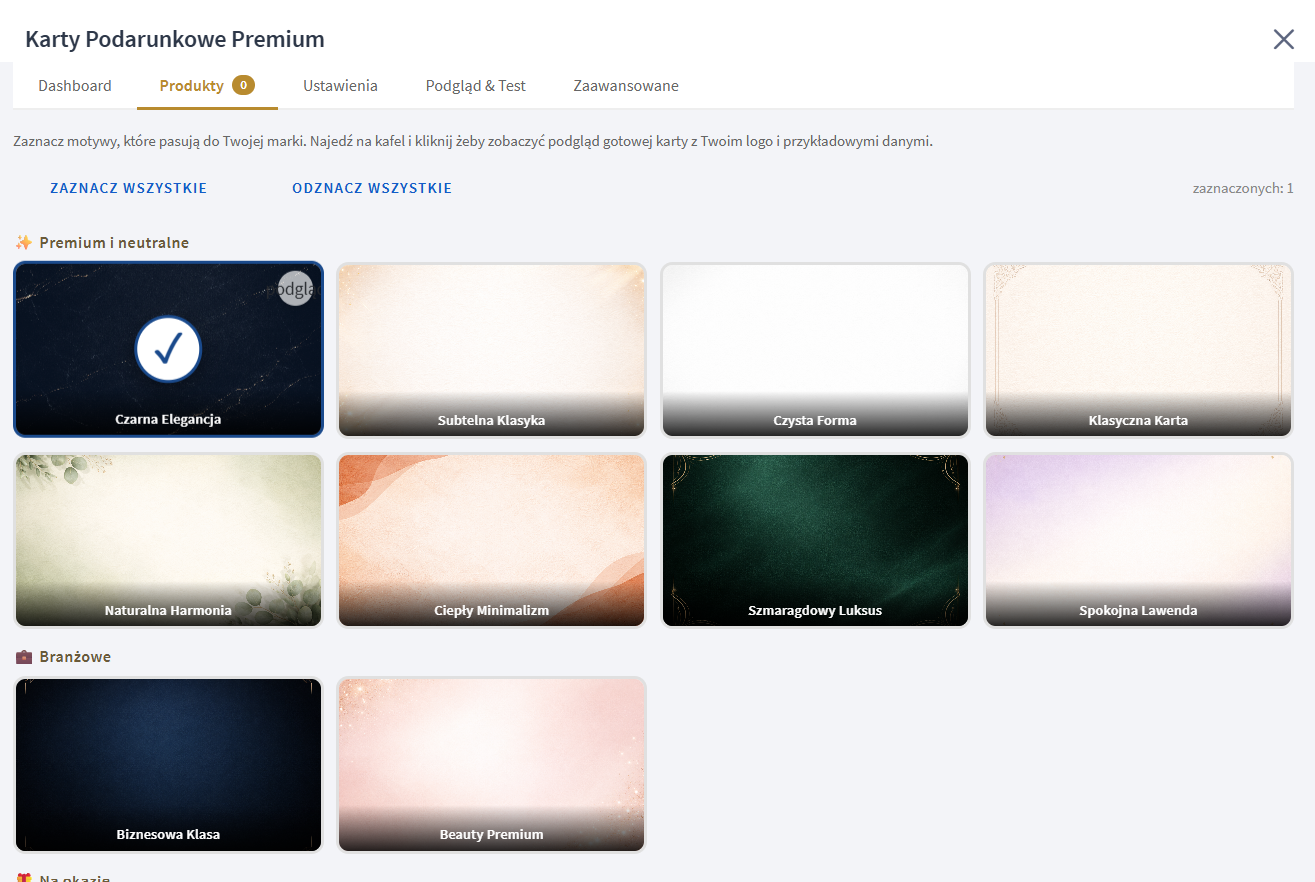 Galeria motywów Karty Podarunkowe Premium — Shoper App Store